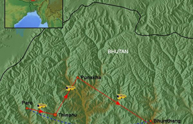 Karte der Reise "Wandern und Reiten in Bhutan"